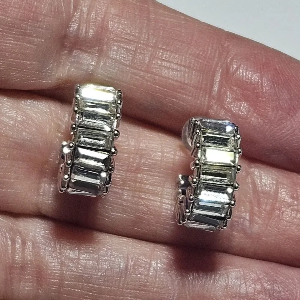 Origami Owl Silver Tone Crystal Baguette Mini Hoop Earrings